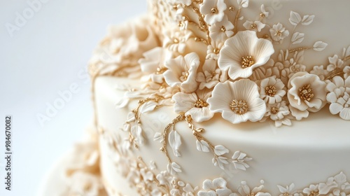 A beautifully crafted anniversary cake with delicate floral designs and gold accents, set against a white background to highlight elegance and celebration