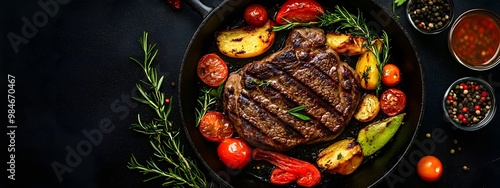 Steak with grilled vegetables in a cast-iron pan on a dark background, top view. Close-up of a food dish with steaks and greens for a presentation or promotional campaign of a restaurant or fast-food 