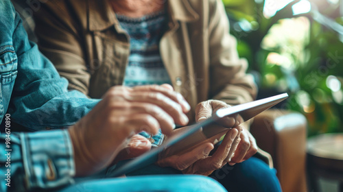 A family member helping an elderly relative navigate Social Security online services on a tablet, showcasing the intergenerational use of technology for managing benefits