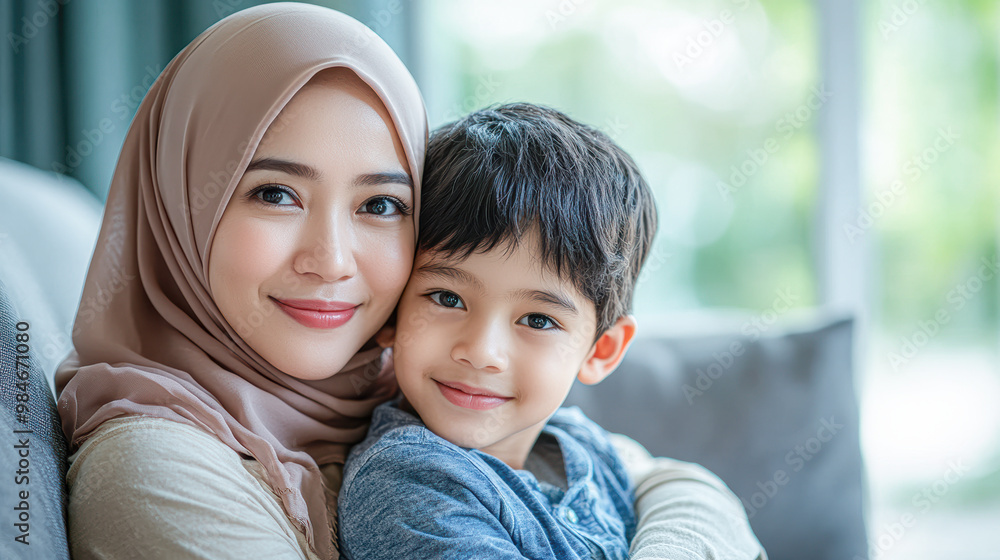 Fototapeta premium Serene Asian Muslim Mother in Hijab Embracing Son with Love on Living Room Sofa Strong Family Bond and Joyful Togetherness Concept