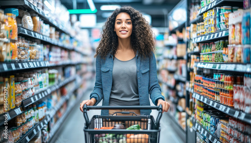 A smiling woman shops in a grocery store, pushing a cart down an aisle filled with packaged goods. Generative ai.