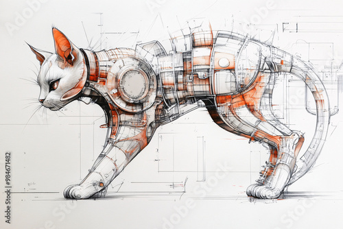 Mechanical cybernetic cat design blending organic anatomy with industrial machine components, futuristic blueprint-style illustration with intricate gears and circuits photo