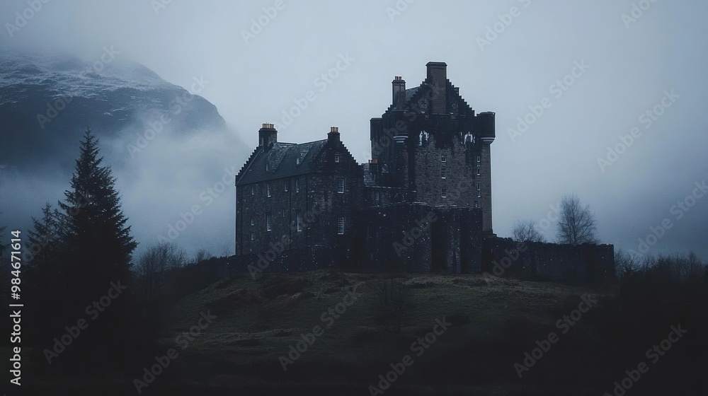 A dark, moody castle silhouette against a foggy landscape. A dark, moody castle silhouette against a foggy landscape.