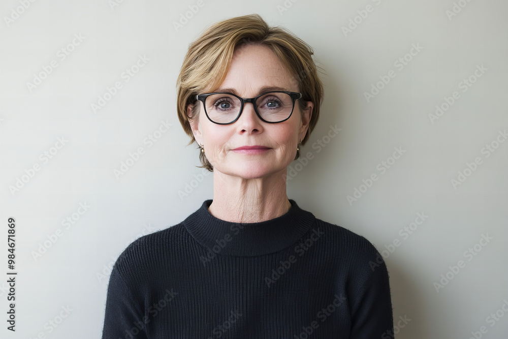 Fototapeta premium Beautiful portrait of a middle-aged woman with blonde hair and a warm smile, exuding confidence, elegance, and timeless beauty, ideal for concepts related to aging gracefully
