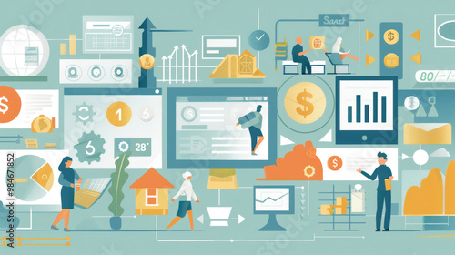 A digital illustration of a Social Security retirement plan, showing different options and strategies, with icons for savings, benefits, and financial goals