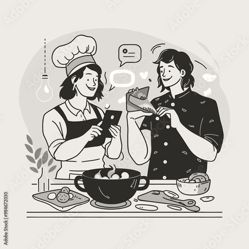 Content Creator Collaborating With a Local Chef to Create a Cooking Video, Vector Illustration