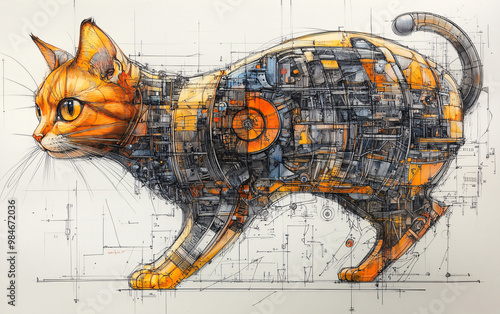 Mechanical cybernetic cat design blending organic anatomy with industrial machine components, futuristic blueprint-style illustration with intricate gears and circuits photo