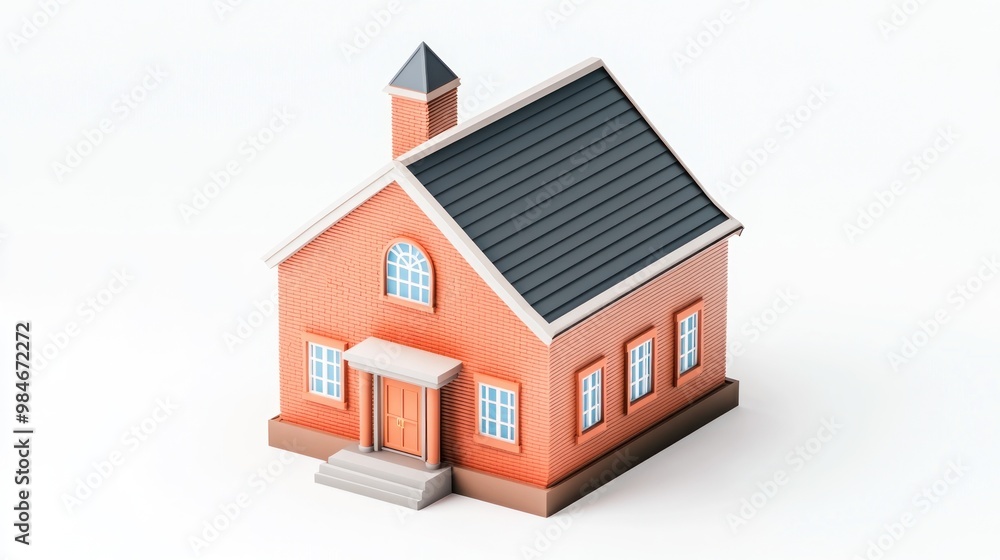 A 3D model of a small brick house with a peaked roof and windows. A 3D model of a small brick house with a peaked roof and windows.