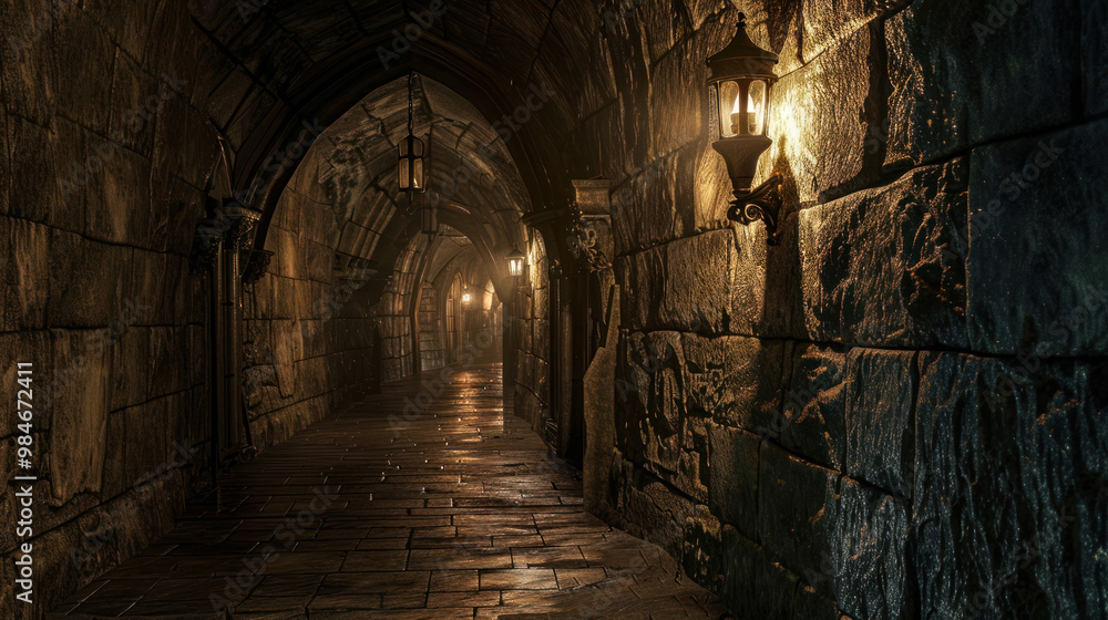 A dimly lit medieval castle corridor, with flickering wall sconces casting long shadows on the stone walls, creating a mysterious and atmospheric setting A dimly lit medieval castle corridor, with flickering wall sconces casting long shadows on the stone walls, creating a mysterious and atmospheric setting