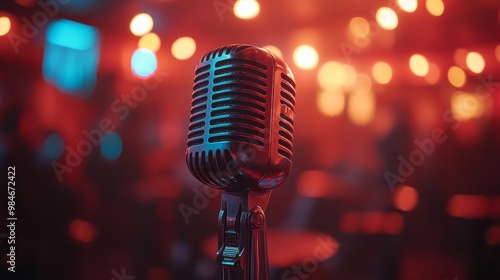 Vintage Microphone on Stage: A classic microphone stands ready on a dimly lit stage, bathed in warm and cool lights, capturing the anticipation and excitement of a live performance. 