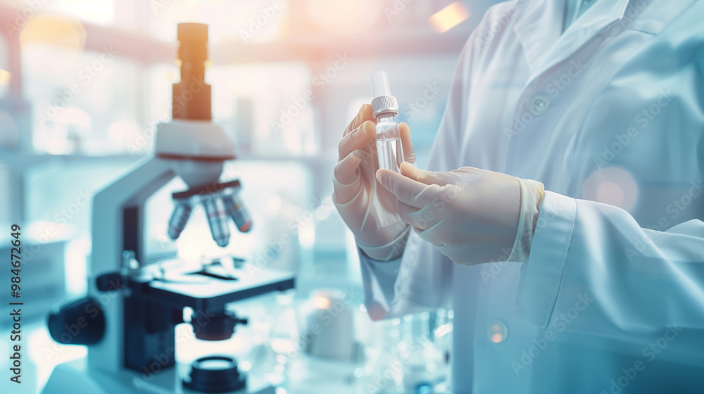 Scientist holding experimental drug vial in laboratory, conducting medical research with microscope and equipment in background, shallow depth of field, symbolizing drug trials and scientific discover Scientist holding experimental drug vial in laboratory, conducting medical research with microscope and equipment in background, shallow depth of field, symbolizing drug trials and scientific discover