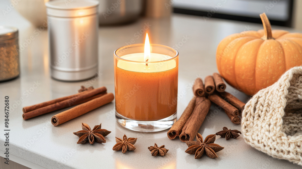 Fototapeta premium Warm candle with cinnamon sticks and an orange pumpkin on a kitchen countertop, creating a cozy autumn atmosphere