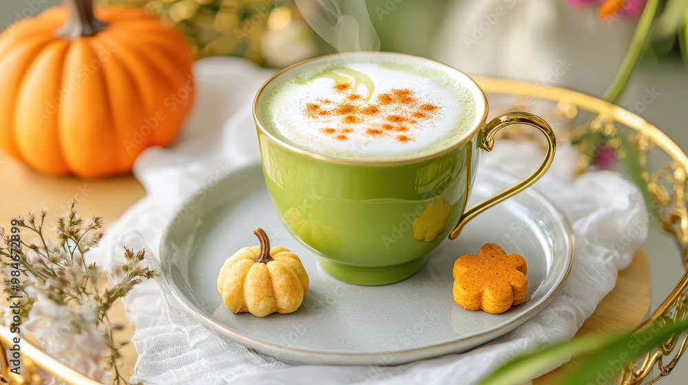 A steaming green matcha latte garnished with spices beside decorative pumpkin-shaped cookies on a stylish serving tray A steaming green matcha latte garnished with spices beside decorative pumpkin-shaped cookies on a stylish serving tray