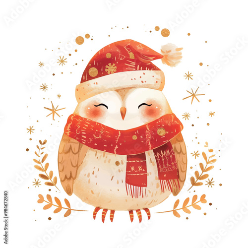 A white owl with a red scarf and a hat is sitting on a branch. There are three gold ornaments hanging from the branch