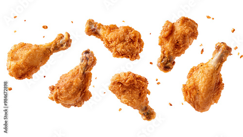 Several crispy fried chicken thighs, scattered on a transparent background.