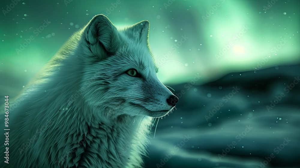 Arctic Fox with Green Aurora Borealis in Background Arctic Fox with Green Aurora Borealis in Background