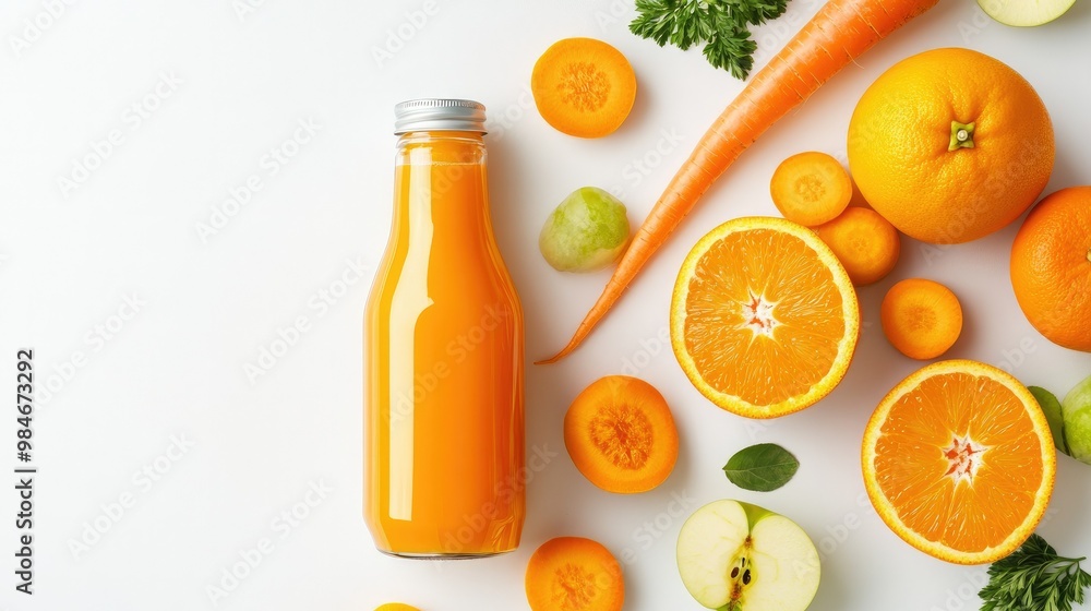 custom made wallpaper toronto digitalA glass bottle of freshly squeezed juice featuring orange, carrot, and apple, placed on a white background to highlight the purity and freshness of the drink
