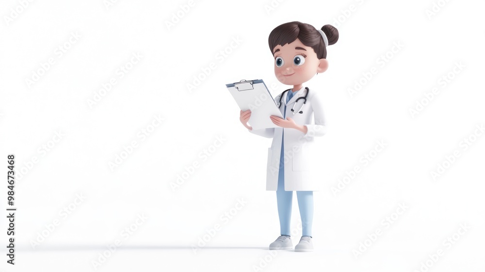 A 3D animated character of a female doctor holding a clipboard. A 3D animated character of a female doctor holding a clipboard.