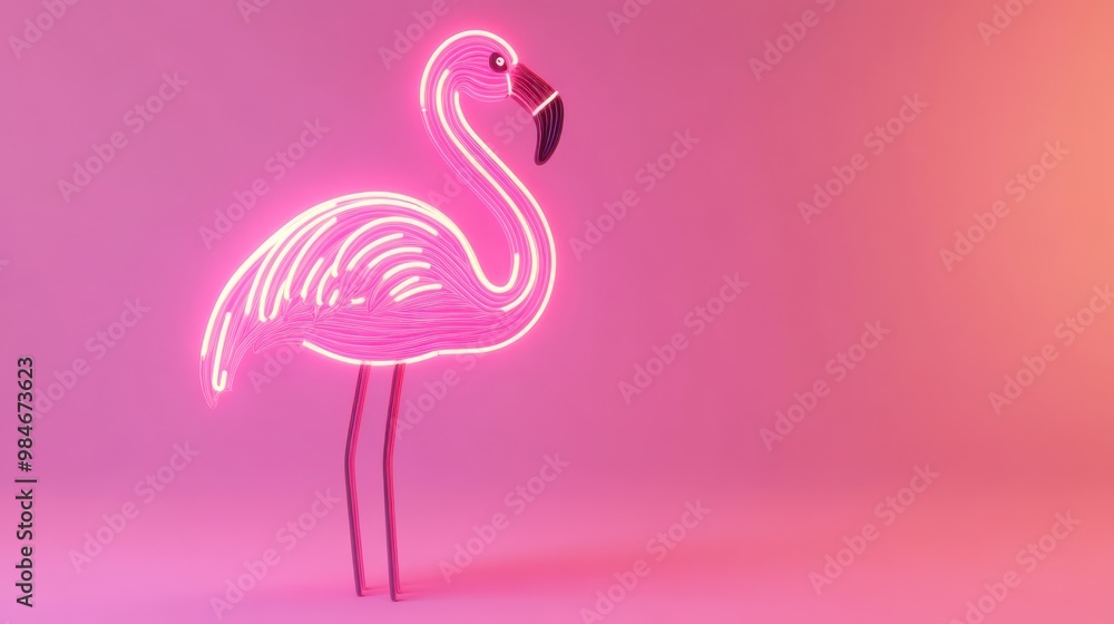 Fototapeta premium A glowing neon flamingo sculpture against a colorful gradient background.