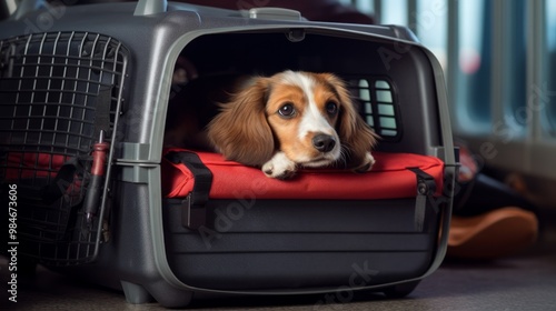 Cute dog with pet carrier at airport. Neural network ai generated art photo