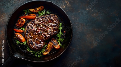 Steak with grilled vegetables in a cast-iron pan on a dark background, top view. Close-up of a food dish with steaks and greens for a presentation or promotional campaign of a restaurant or fast-food  photo