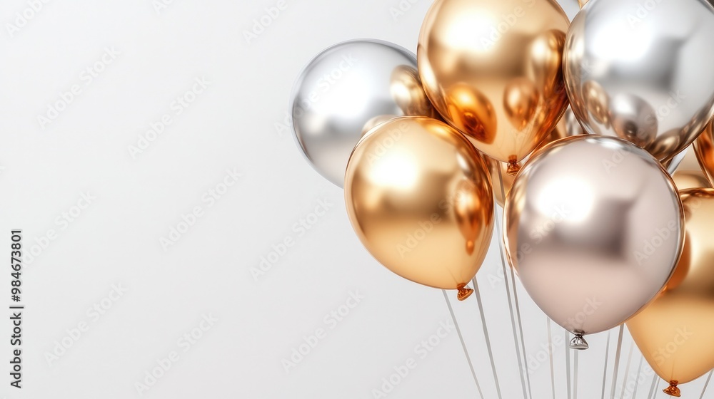 A group of metallic balloons in silver, gold, and rose gold, showcased on a white background to highlight luxury and celebration A group of metallic balloons in silver, gold, and rose gold, showcased on a white background to highlight luxury and celebration