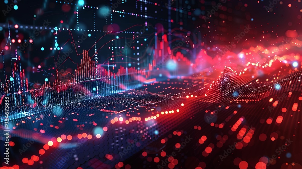 Abstract digital landscape with red and blue data visualizations Abstract digital landscape with red and blue data visualizations