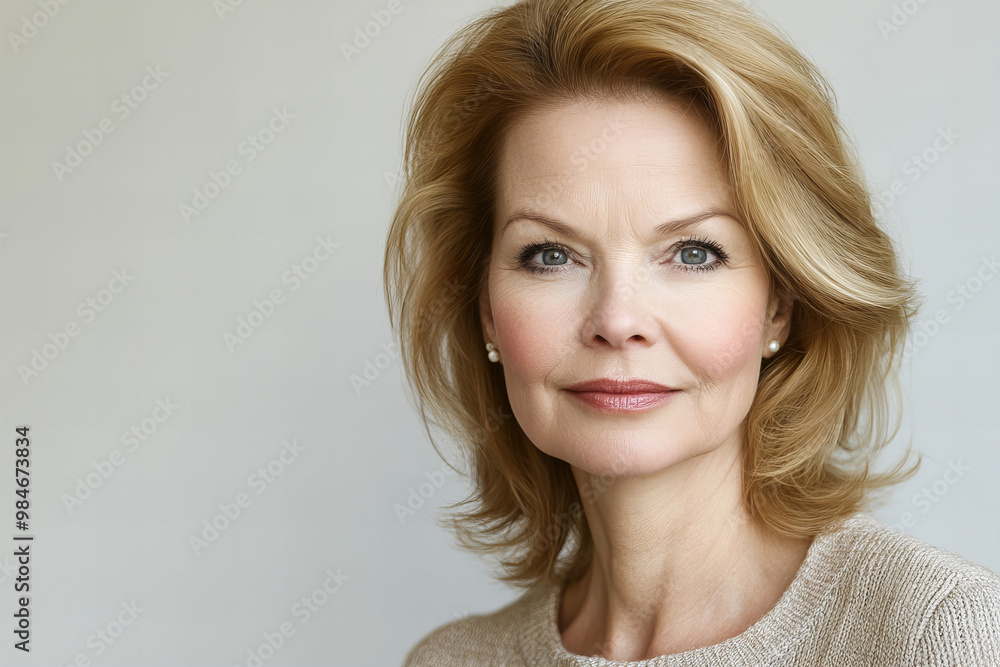 Beautiful portrait of a middle-aged woman with blonde hair and a warm smile, exuding confidence, elegance, and timeless beauty, ideal for concepts related to aging gracefully Beautiful portrait of a middle-aged woman with blonde hair and a warm smile, exuding confidence, elegance, and timeless beauty, ideal for concepts related to aging gracefully