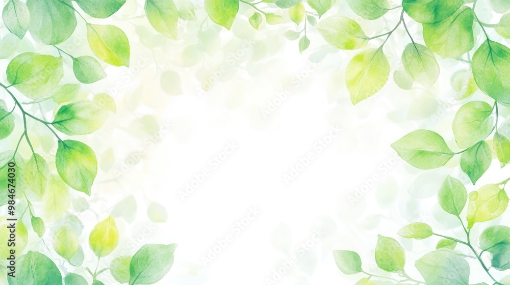 A soft, watercolor illustration of green leaves framing a blank space for text or design. A soft, watercolor illustration of green leaves framing a blank space for text or design.