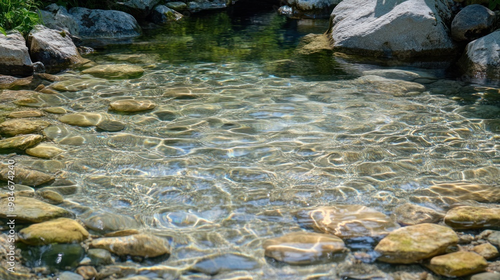 A serene water scene with clear rippling reflections over smooth stones. A serene water scene with clear rippling reflections over smooth stones.