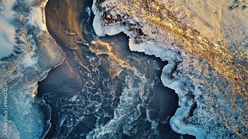 Wallpaper Mural Aerial view of a river with ice and snow, showcasing natural patterns and textures. Torontodigital.ca