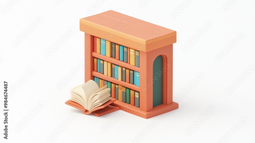 A stylized bookshelf with an open book beside it, representing reading and knowledge. A stylized bookshelf with an open book beside it, representing reading and knowledge.