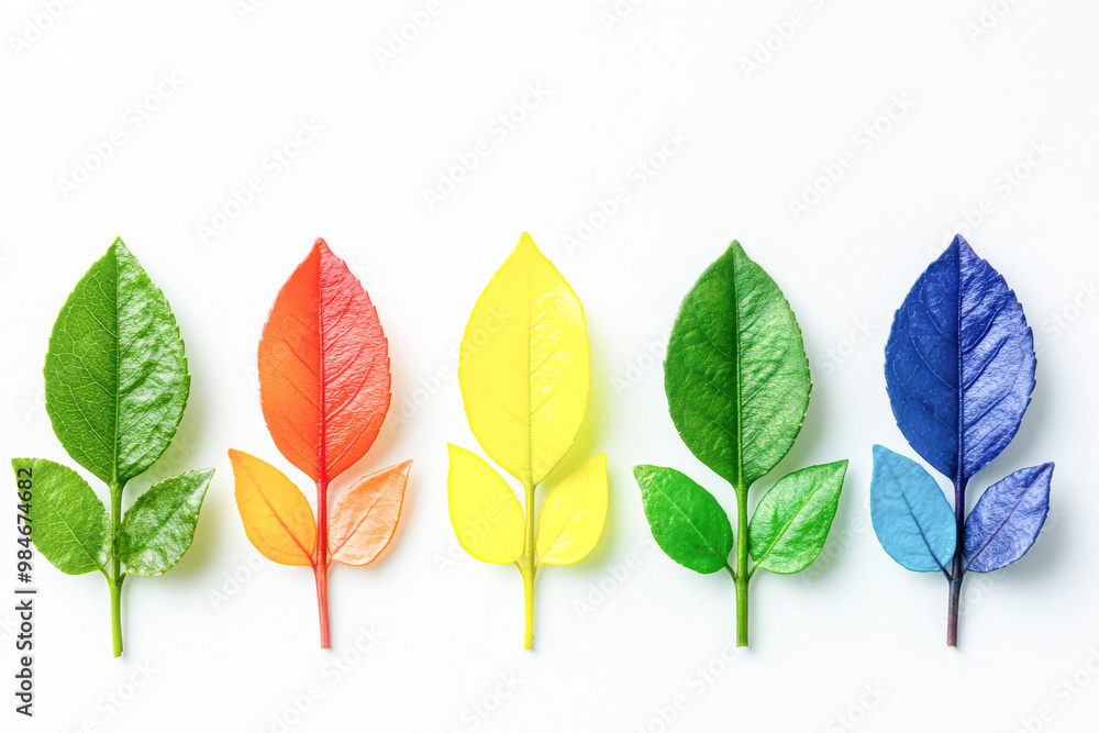 A row of colorful leaves are arranged in a line A row of colorful leaves are arranged in a line