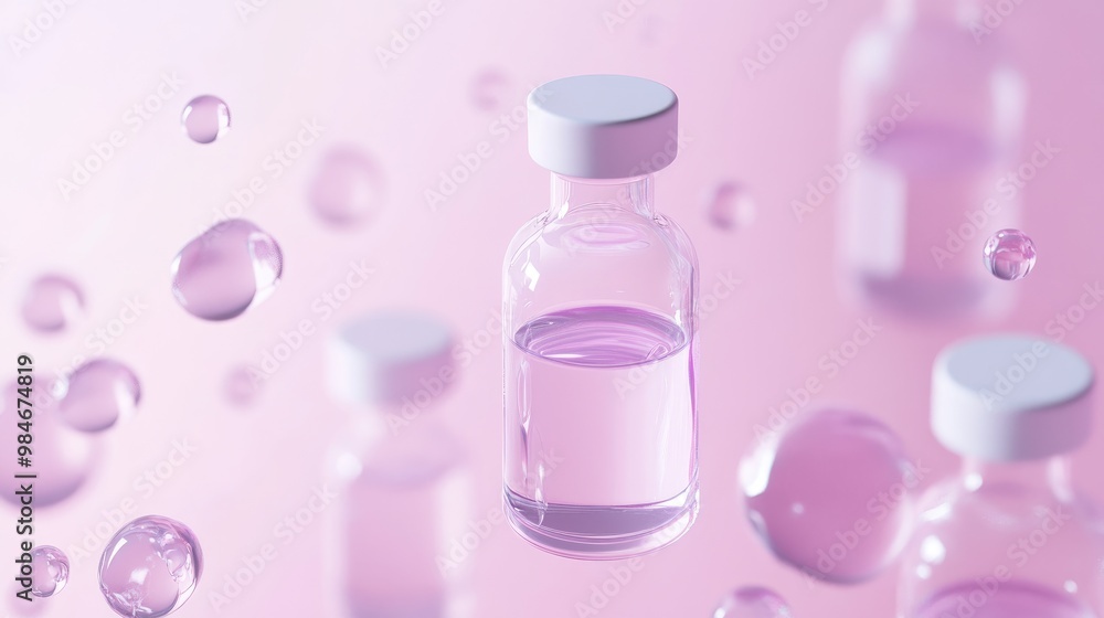 Closeup of glass vials with pink liquid and white caps, floating against a pink background. Closeup of glass vials with pink liquid and white caps, floating against a pink background.