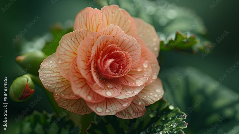 Dew-Covered Pink Flower with Green Foliage Dew-Covered Pink Flower with Green Foliage