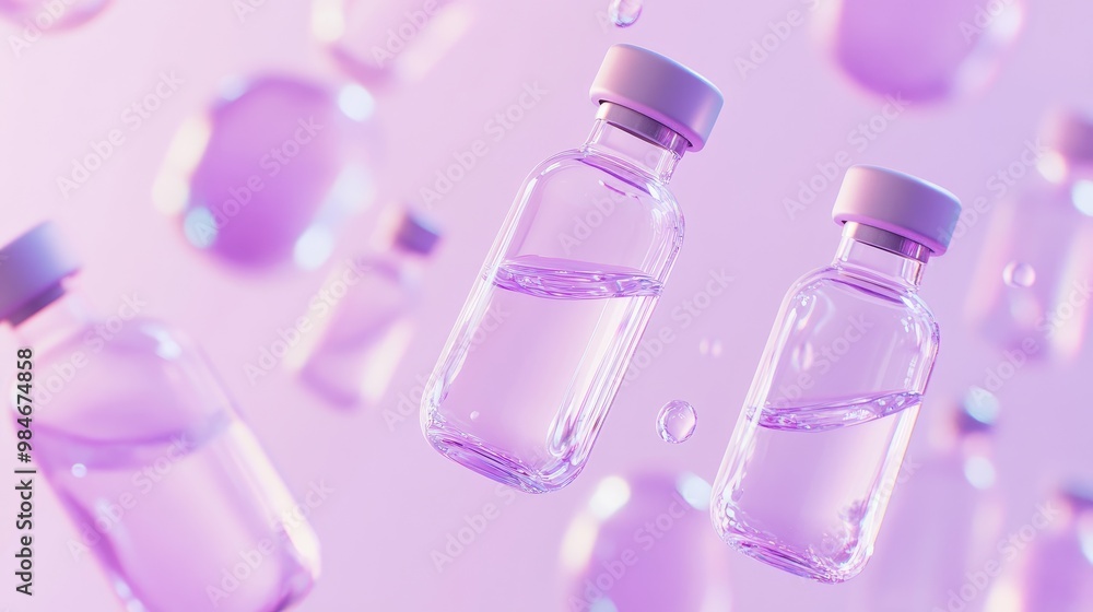 Multiple glass vials with clear liquid suspended in mid-air against a light purple background. Multiple glass vials with clear liquid suspended in mid-air against a light purple background.