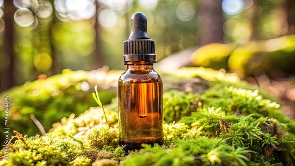 close up of Amber glass dropper bottle standing on moss in the forest close up of Amber glass dropper bottle standing on moss in the forest