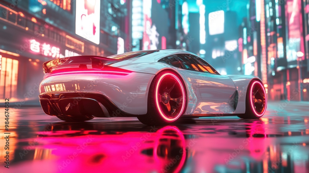 A futuristic car with neon accents in a vibrant urban setting at night. A futuristic car with neon accents in a vibrant urban setting at night.