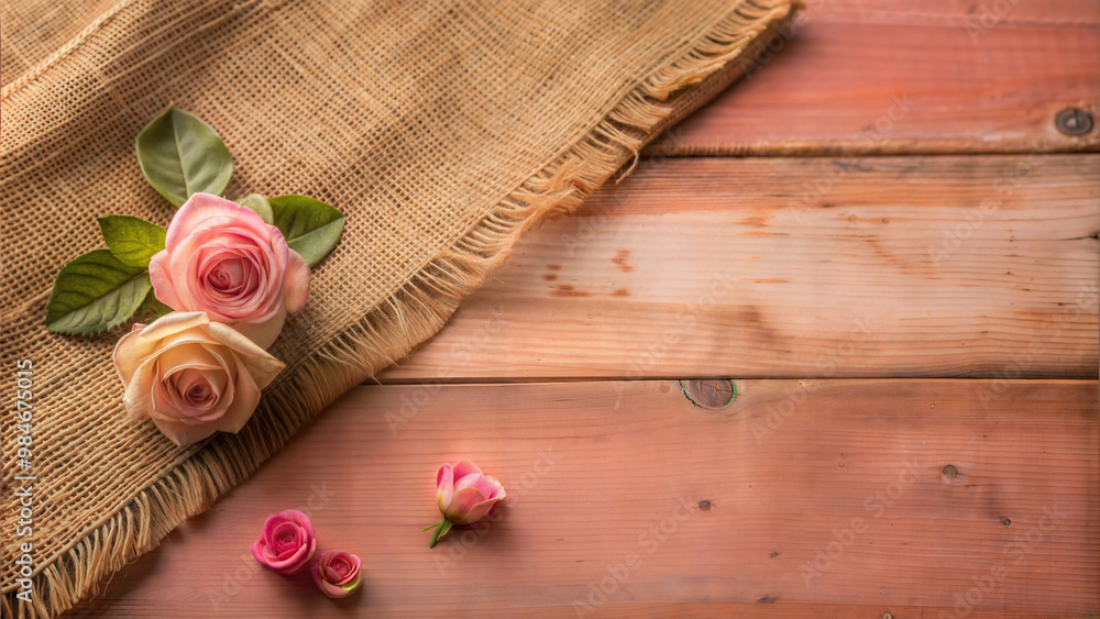 Charming floral arrangement, soft and delicate, featuring roses on a rustic wooden surface with burlap Charming floral arrangement, soft and delicate, featuring roses on a rustic wooden surface with burlap