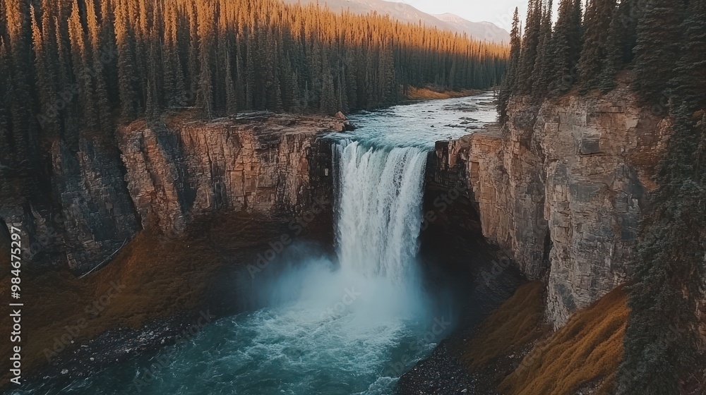 Naklejka premium A stunning waterfall cascading into a river, surrounded by lush forests and mountains.