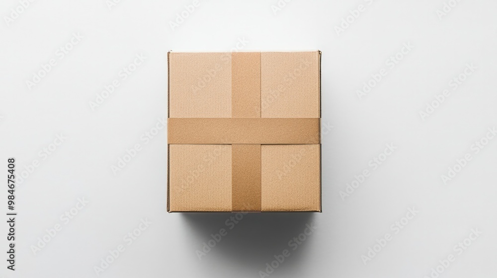 Obraz premium A minimalist cardboard box with sharp, clean lines, sealed with tape, set against a plain white background, perfect for product packaging or shipping concepts.