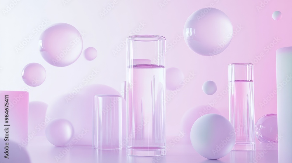 Glass bottles and spheres float in a pink and white gradient background, creating an abstract, minimalist, and elegant composition. Glass bottles and spheres float in a pink and white gradient background, creating an abstract, minimalist, and elegant composition.