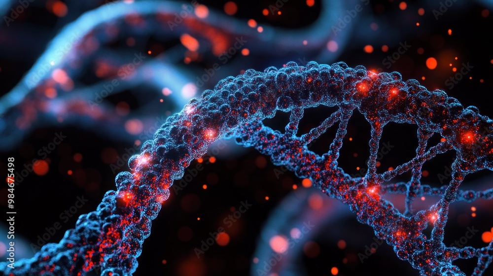 Close-up of a DNA double helix with glowing particles, illustrating genetic structure. Close-up of a DNA double helix with glowing particles, illustrating genetic structure.