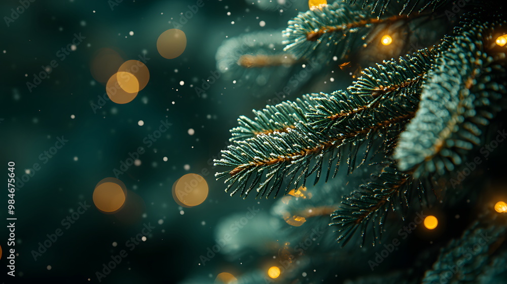 A close-up of a Christmas branch with a little snow can be used as a background for a Christmas card or website that emphasizes the warmth and brightness of winter, giving it a warm and festive feel. A close-up of a Christmas branch with a little snow can be used as a background for a Christmas card or website that emphasizes the warmth and brightness of winter, giving it a warm and festive feel.