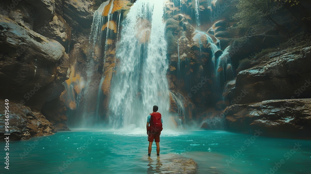 Awestruck Hiker Gazes at Majestic Waterfall in Serene Natural Pool Awestruck Hiker Gazes at Majestic Waterfall in Serene Natural Pool