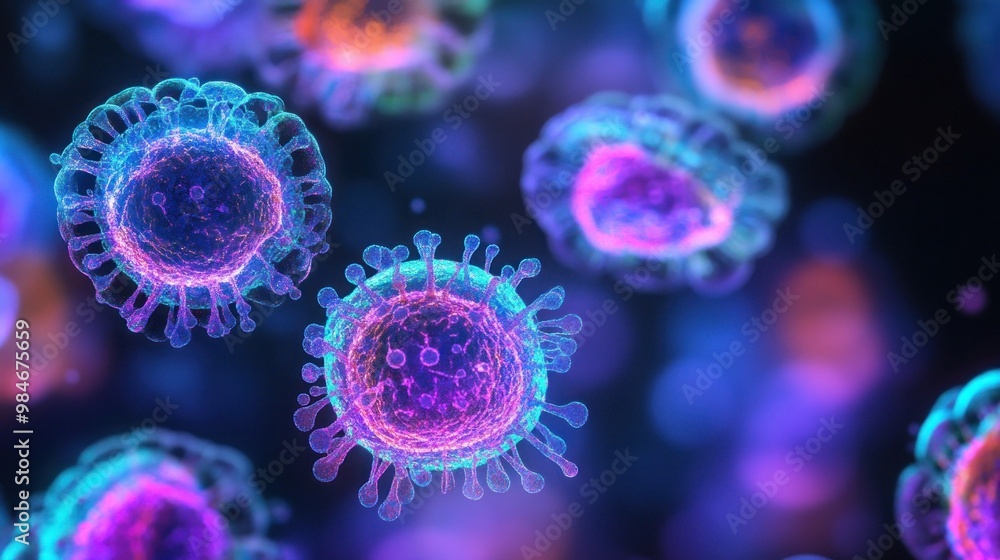 Colorful digital representation of viruses in a microscopic view. Colorful digital representation of viruses in a microscopic view.