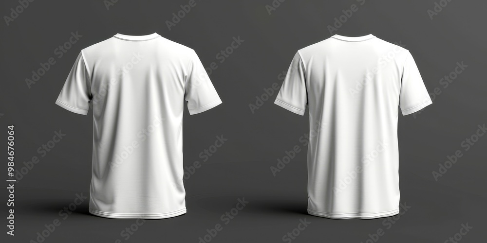 High-quality mockup of two blank white t-shirts on a dark background, perfect for apparel design presentations and advertising. High-quality mockup of two blank white t-shirts on a dark background, perfect for apparel design presentations and advertising.