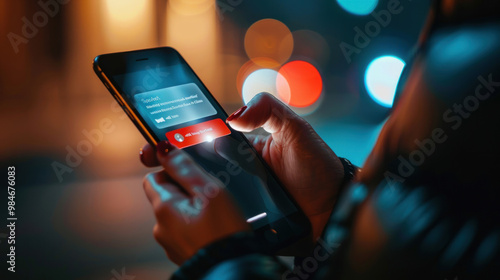 A close-up of a smartphone with a phishing scam text message asking for Social Security details, with a hand rejecting the message, highlighting online security threats