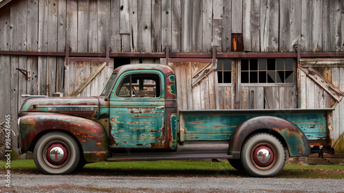A classic pickup truck with a faded patina finish, parked next to a rustic barn, the weathered wood and old farming tools adding to the truck's vintage charm