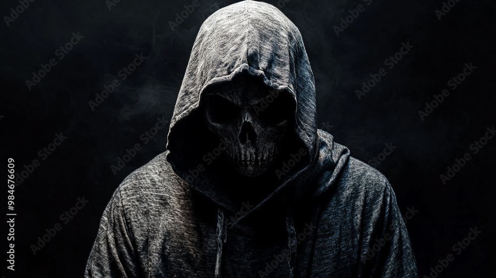 A scary and mysterious hooded demon skeleton. A scary and mysterious hooded demon skeleton.
